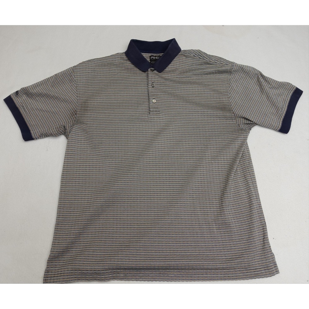 PING Polo Shirt Mens L Gray Check Golf Short Sleeve Mercerized Cotton UV